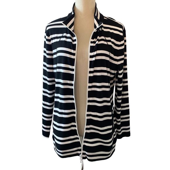 Talbots Jacket Women’s Size XL Petite Black White Stripe Full Zip Lightweight - Picture 2 of 11